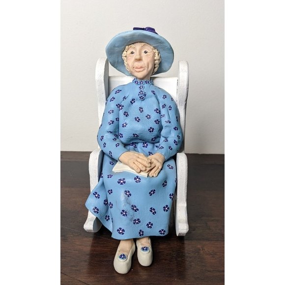 VTG Polymer Clay Handmade Old Woman Sitting on a Rocking Chair - 8" Hat Flowers - Picture 1 of 15